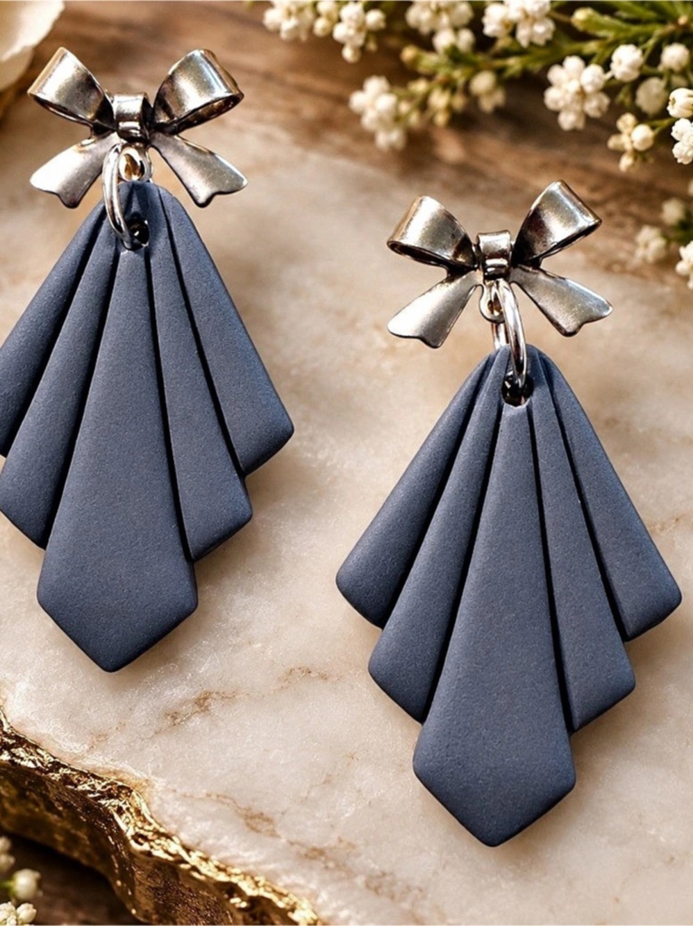 Bow Drop Handmade Polymer Clay Earrings in Blue & Silver